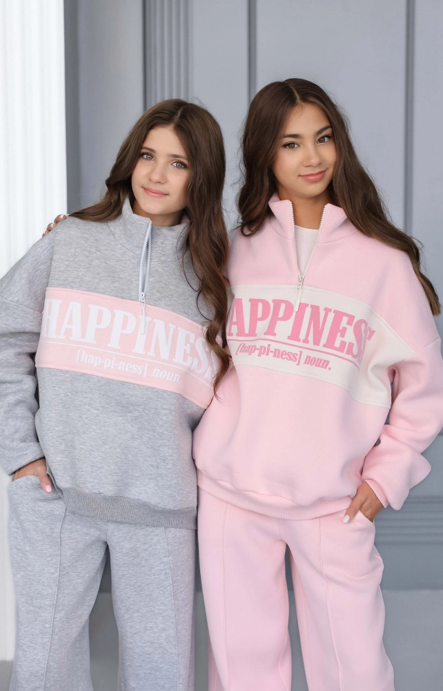 Світшот теплий з блискавкою Happiness рожевий