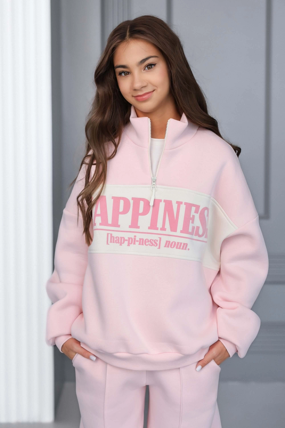 Світшот теплий з блискавкою Happiness рожевий