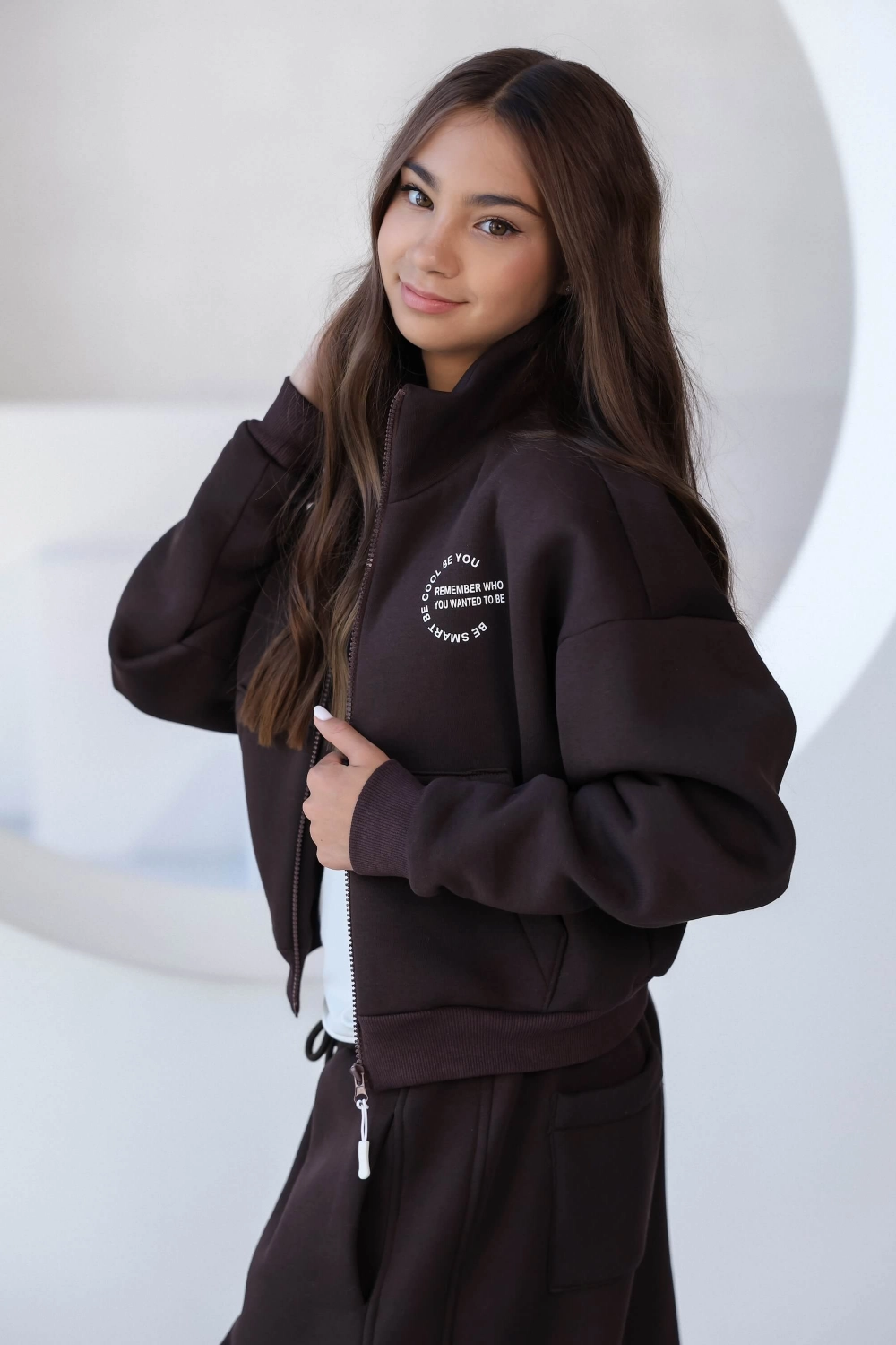 Кофта зіп з коміром-стійкою тепла шоколадна