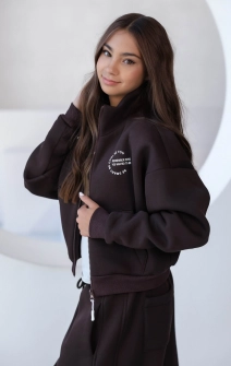 Кофта зіп з коміром-стійкою тепла шоколадна