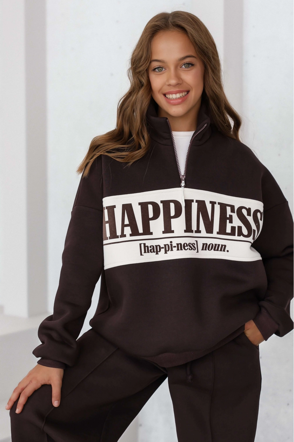 Світшот теплий з блискавкою Happiness шоколадний