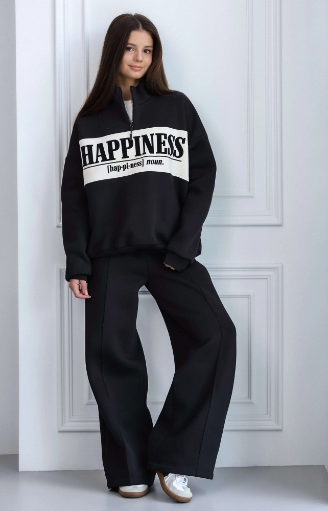 Світшот теплий з блискавкою Happiness чорний