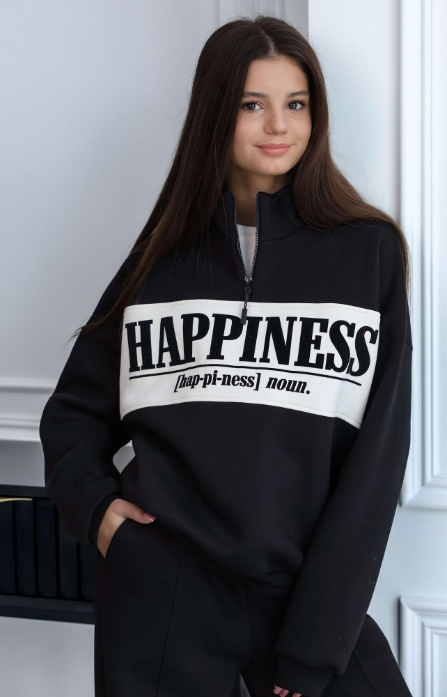 Світшот теплий з блискавкою Happiness чорний