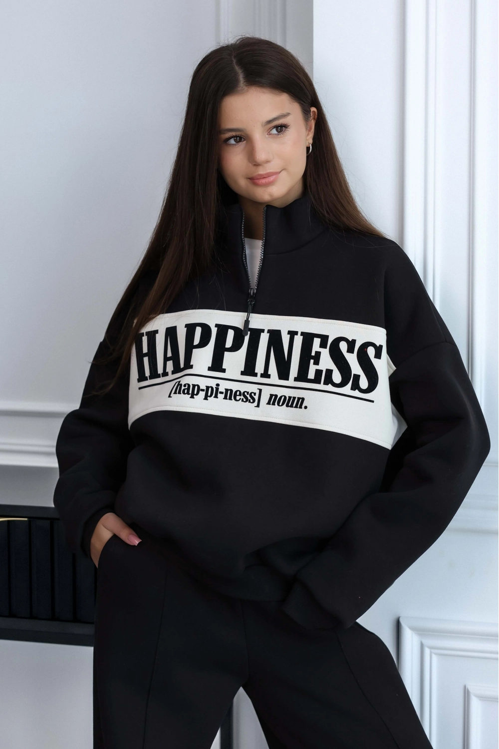 Світшот теплий з блискавкою Happiness чорний