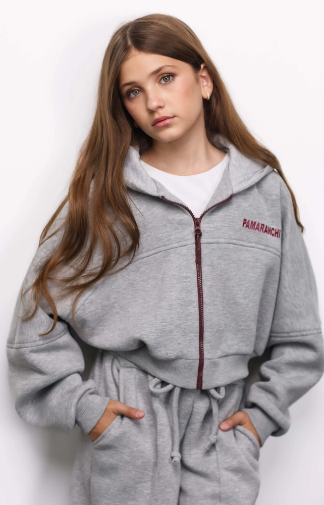 Короткое худи зип утепленное серое