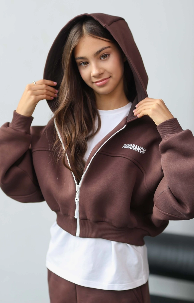 Коротке худі зіп утеплене шоколадне