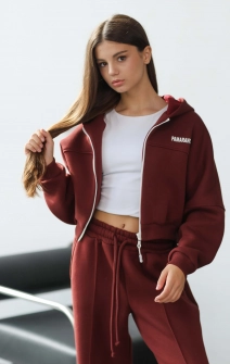 Короткое худи зип утепленное бордовое