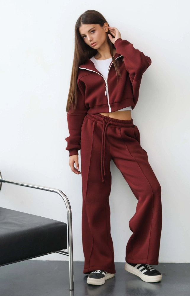 Короткое худи зип утепленное бордовое