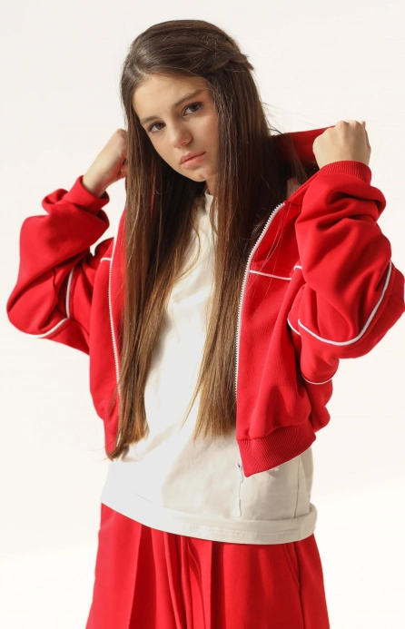 Костюм спортивный с коротким худи c кантом красный