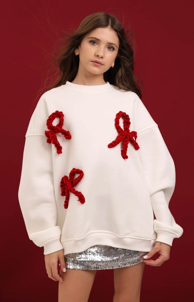 Світшот різдвяний молочний з червоними бантами