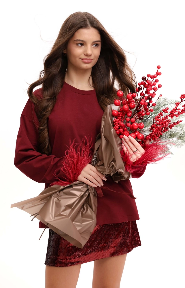 Лонгслів об'ємний з пір'ям бордовий