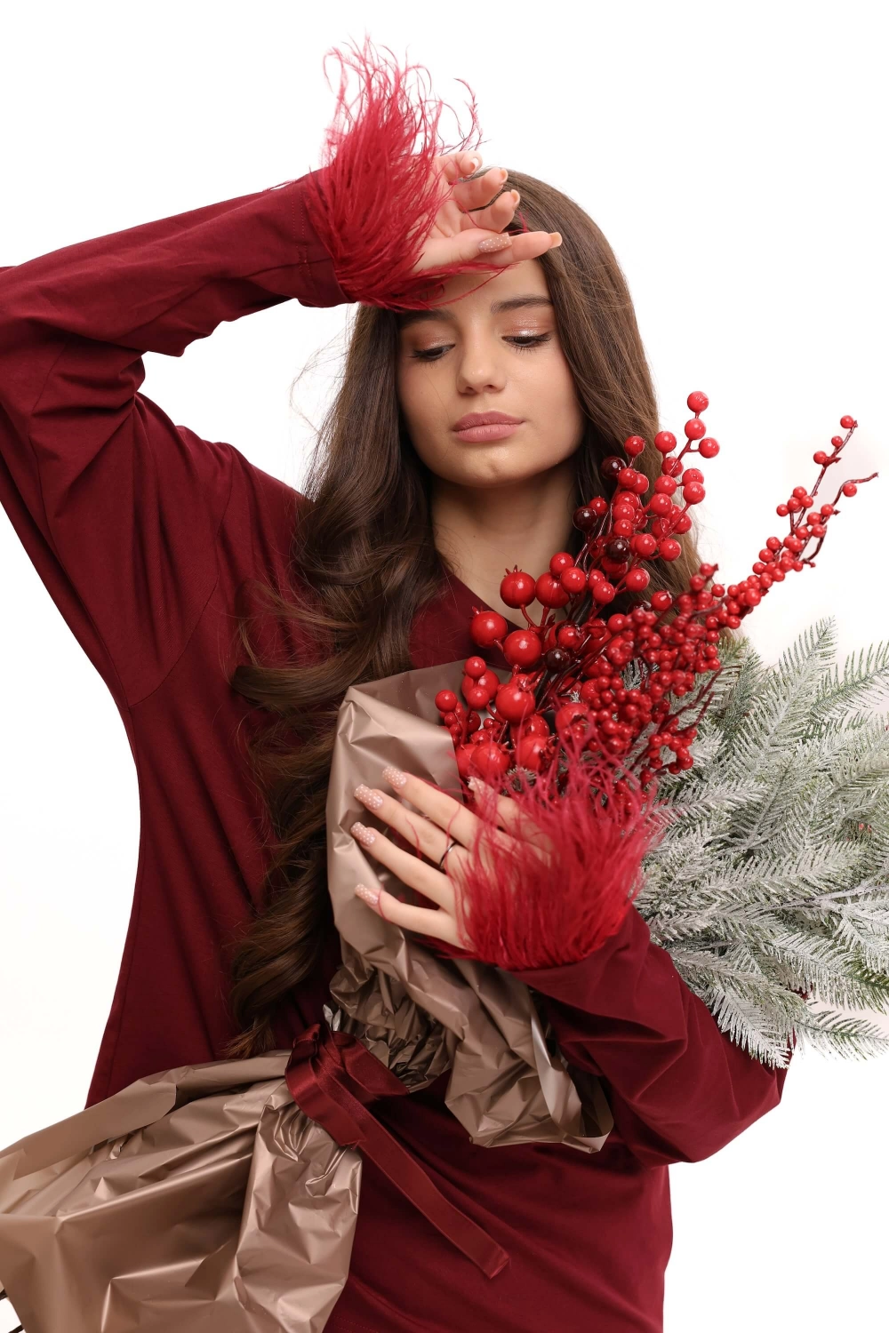 Лонгслів об'ємний з пір'ям бордовий