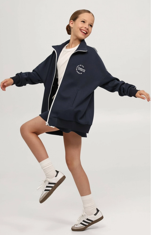 Юбка трикотажная с двойным поясом темно-синяя