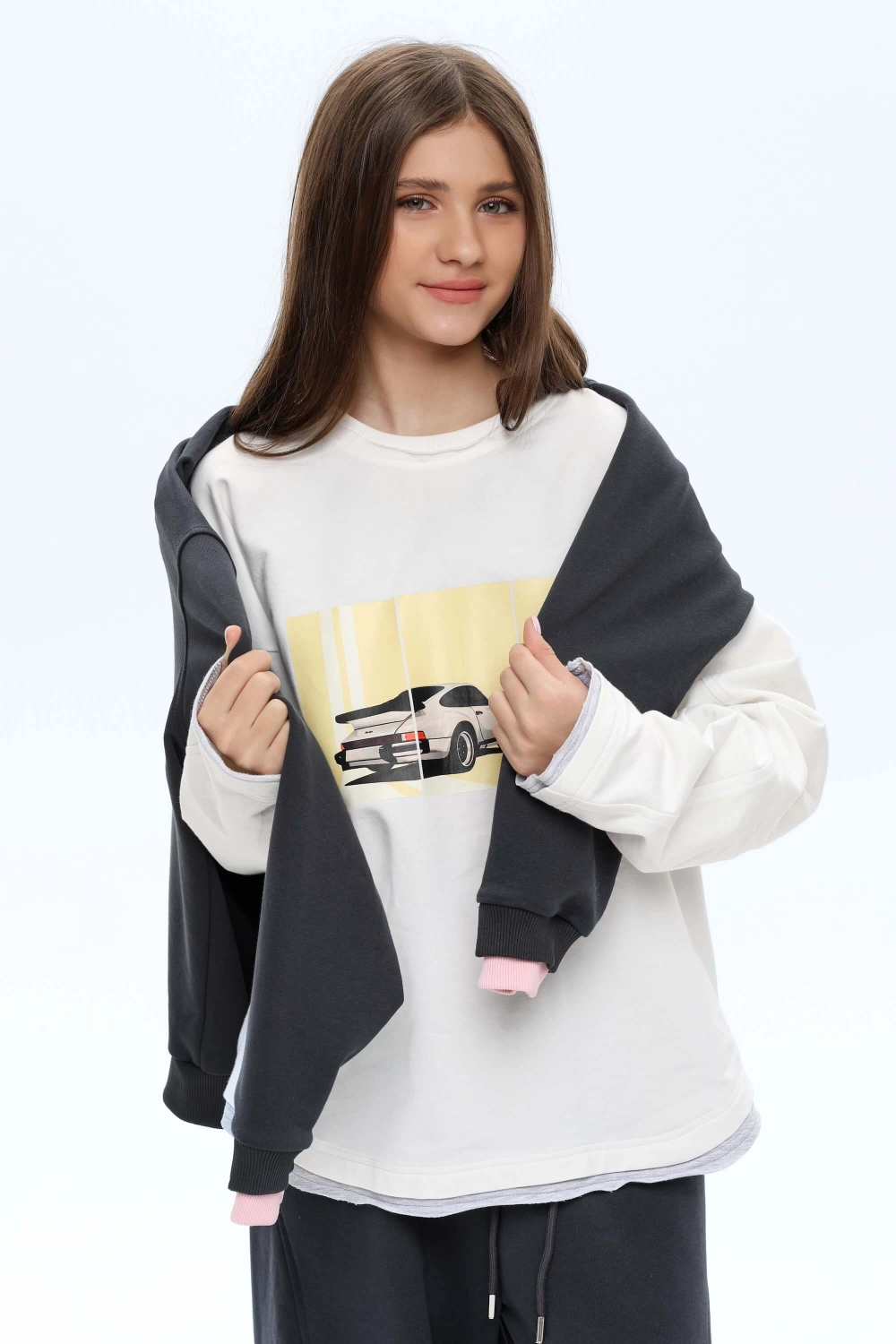 Лонгслів подовжений молочний жовте авто