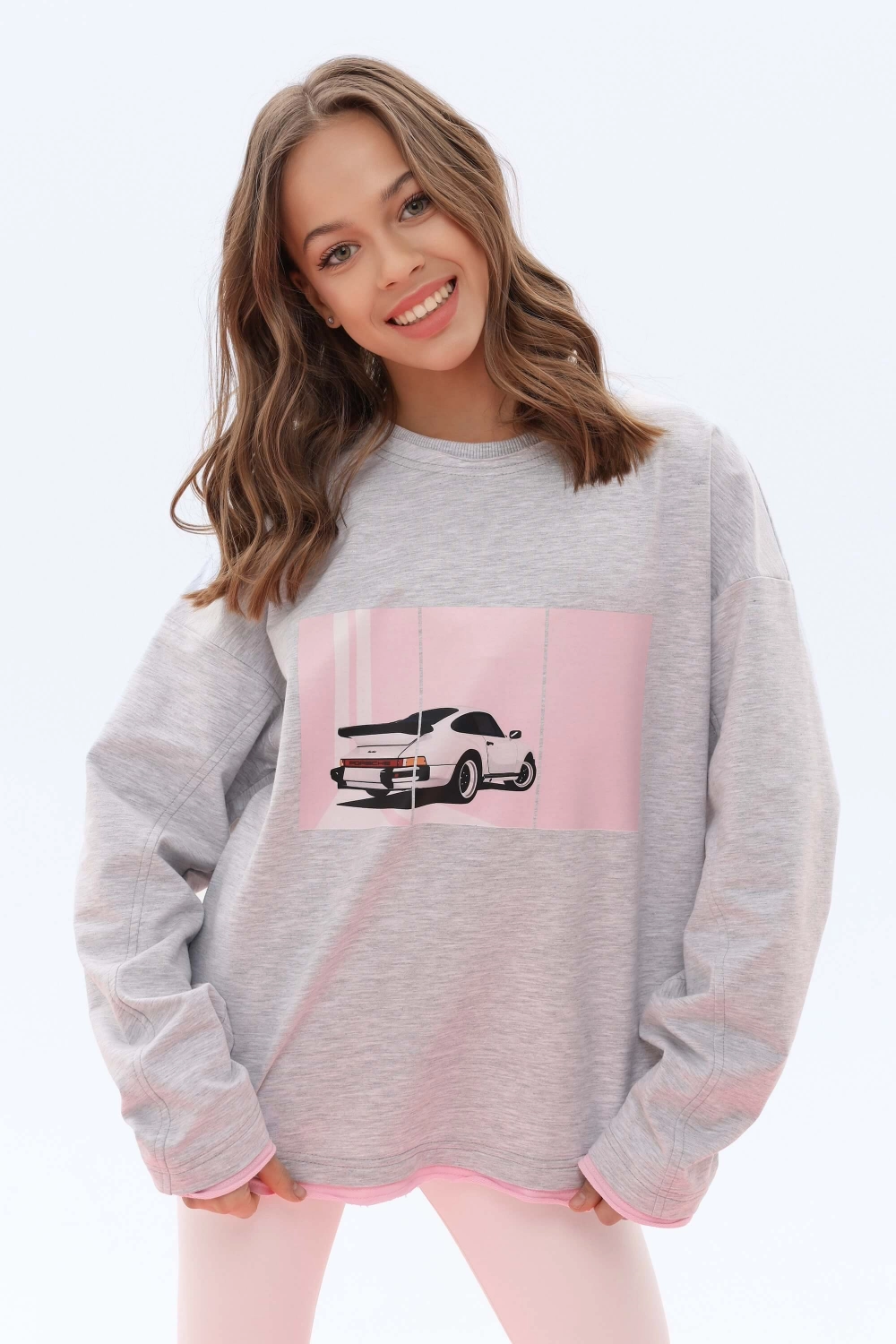 Лонгслів подовжений сірий рожеве авто