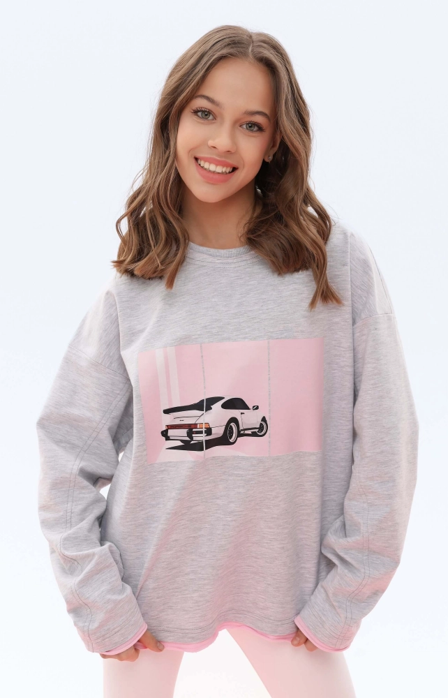Лонгслів подовжений сірий рожеве авто
