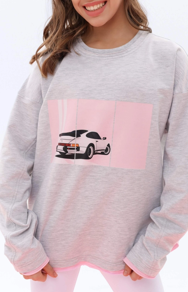 Лонгслів подовжений сірий рожеве авто