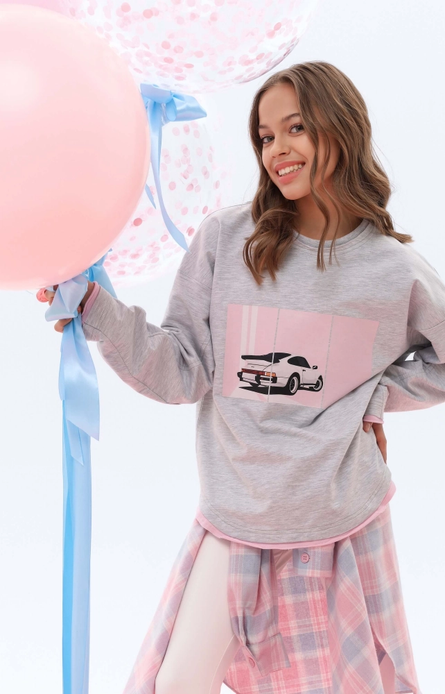 Лонгслів подовжений сірий рожеве авто