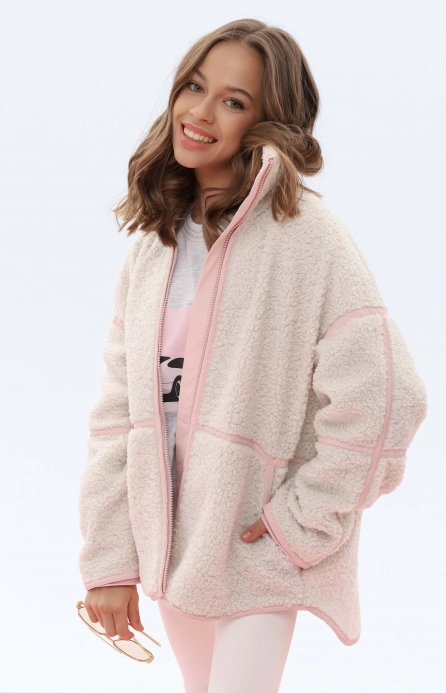 Кофта зіп тедді молочна з рожевим