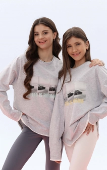 Лонгслів подовжений сірий з бірюзовим написом