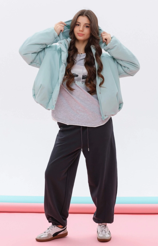 Лонгслів подовжений сірий з бірюзовим написом