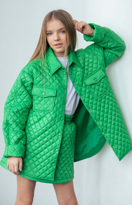 Куртка-сорочка стьобана з поясом зелена