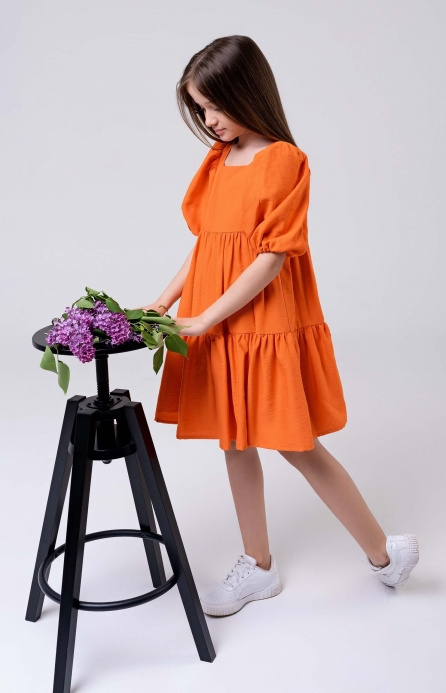 Летнее платье с рукавами-буфами мини оранжевое
