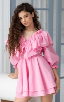 Лляна міні-сукня з пишною спідницею рожева