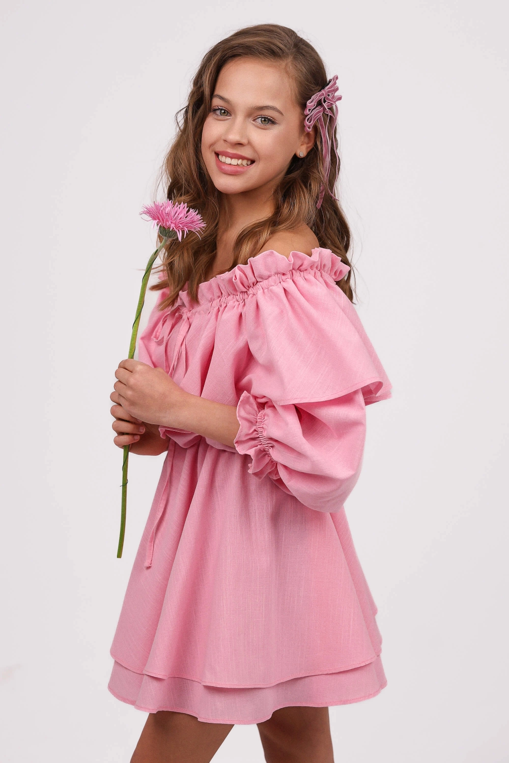 Лляна міні-сукня з пишною спідницею рожева