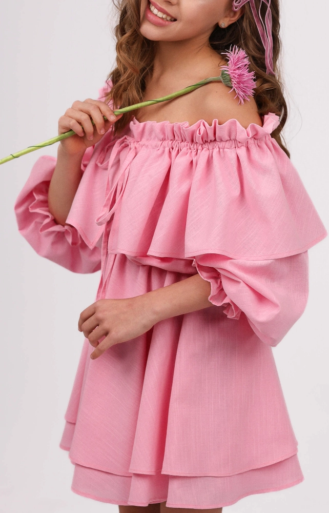 Лляна міні-сукня з пишною спідницею рожева