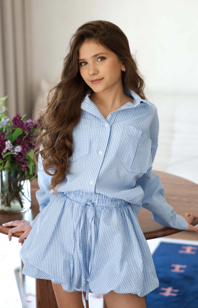 Спідниця-балон в дрібну клітинку блакитна